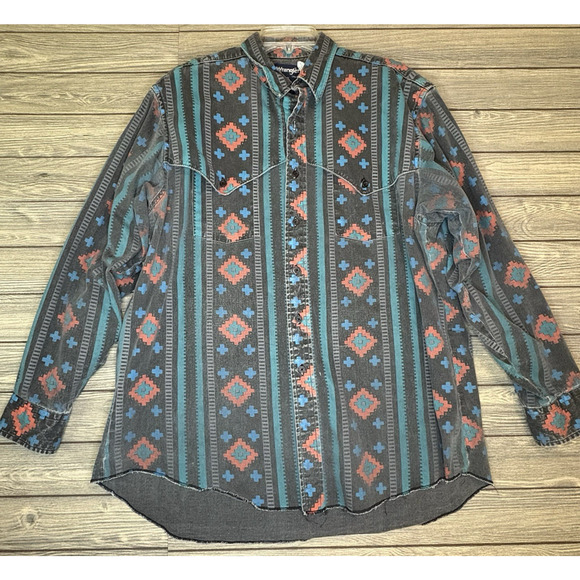 VTG Wrangler Brushpopper Shirt Mens 17.5 X 35 Black Aztec X Long Tail Cowboy XL - Picture 1 of 13